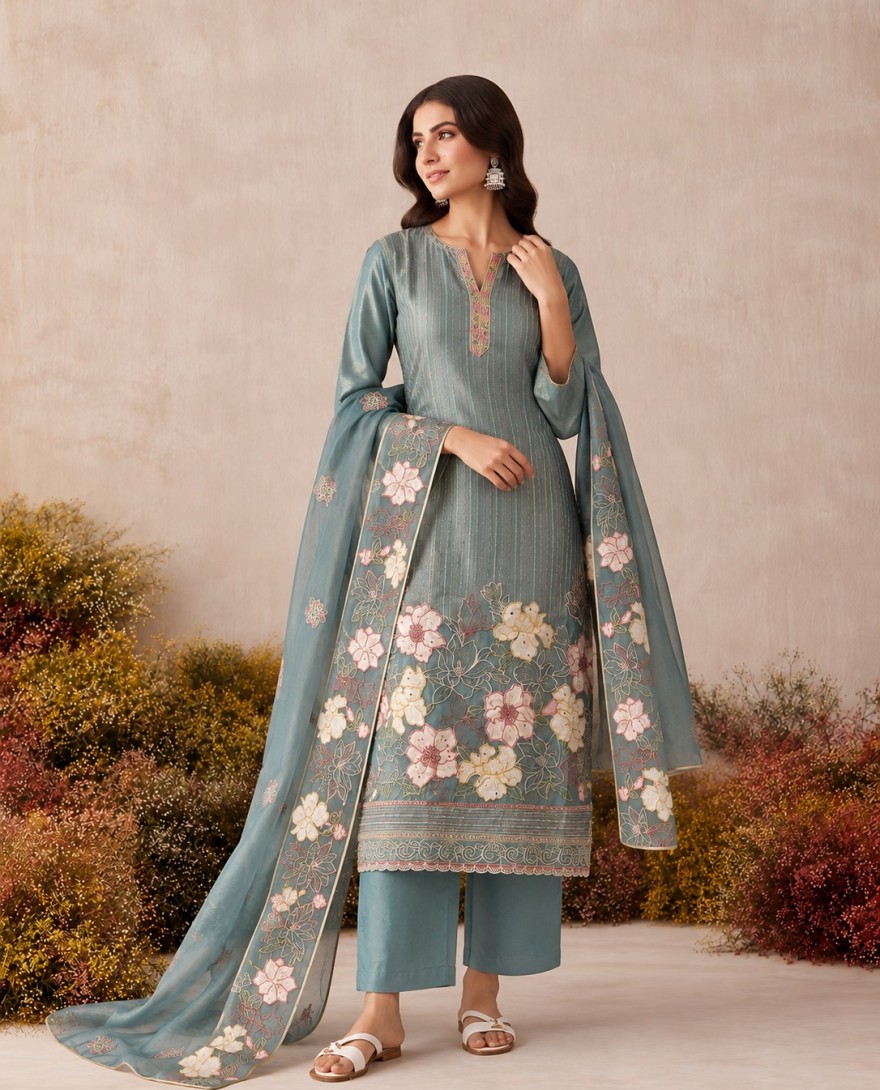 7116 - Aqua Blue Shimmer Embroidered Work Pant Style Suit